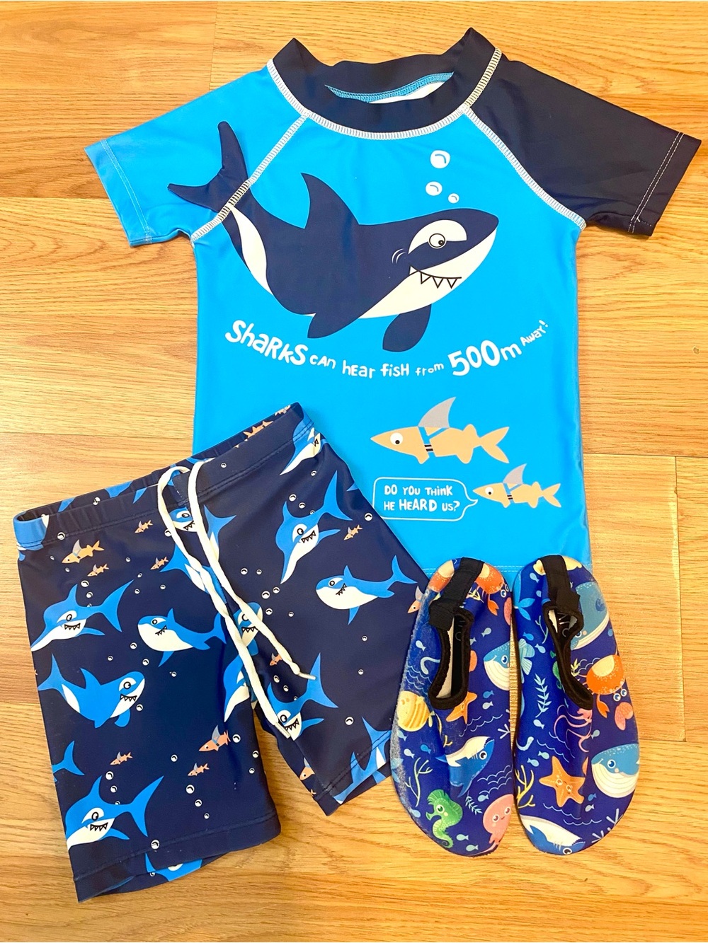 4T/5T SHARK SWIMSUIT FOR BOYS 2 PIECE & WATER SHOES 10.5 SHORTS RASH GUARD TOP